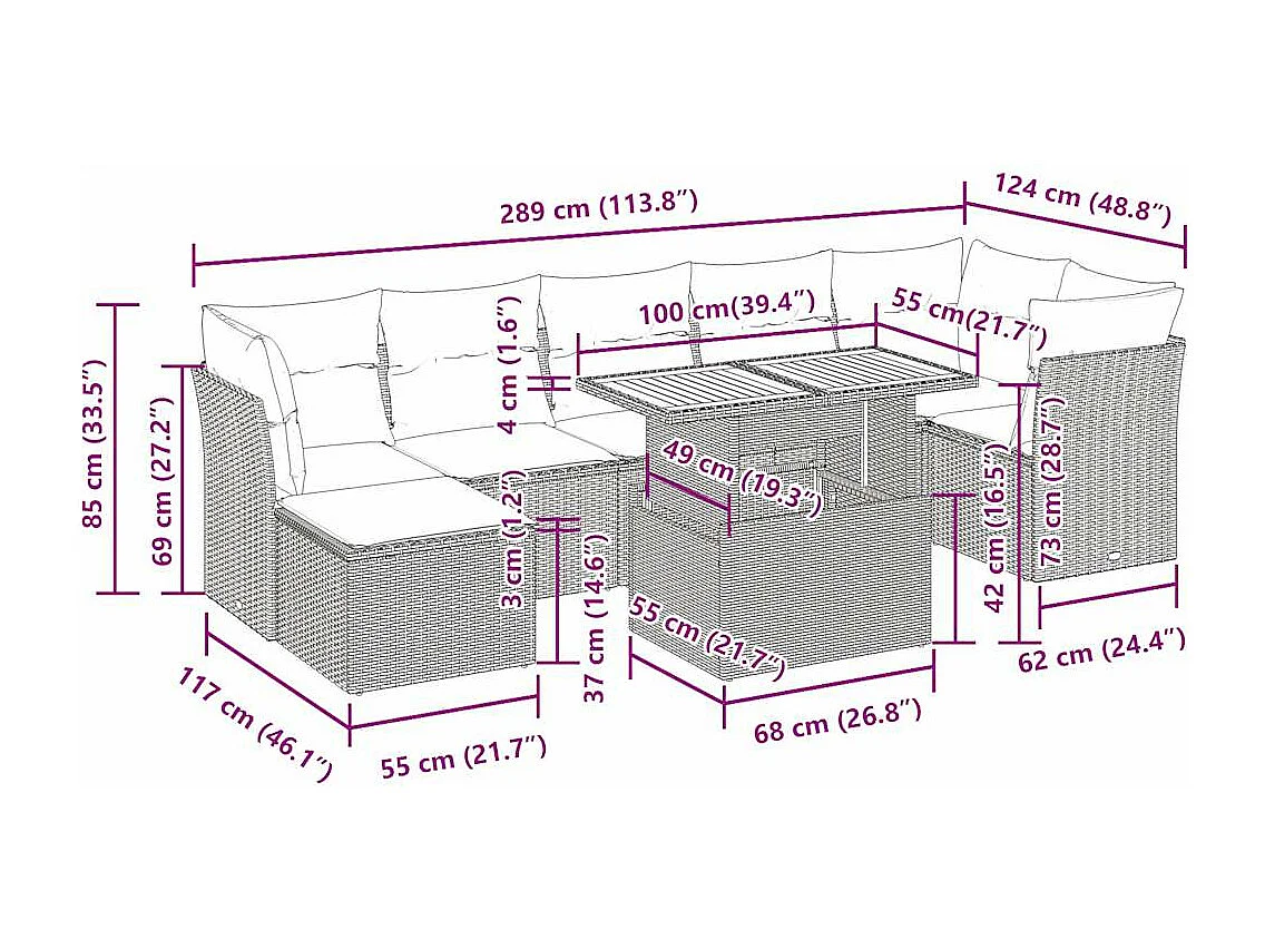 Salon de jardin 8 pcs avec coussins gris résine tressée