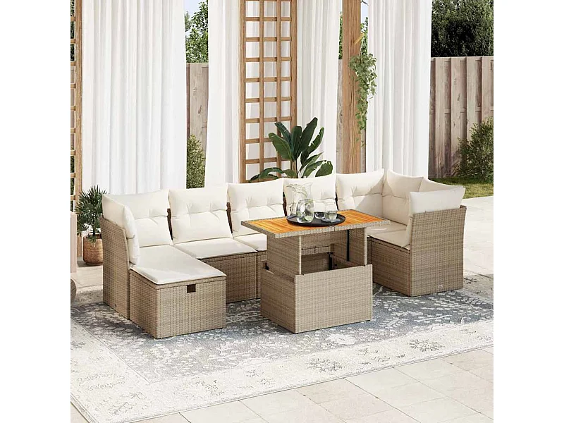 Salon de jardin avec coussins 8 pcs beige résine tressée acacia