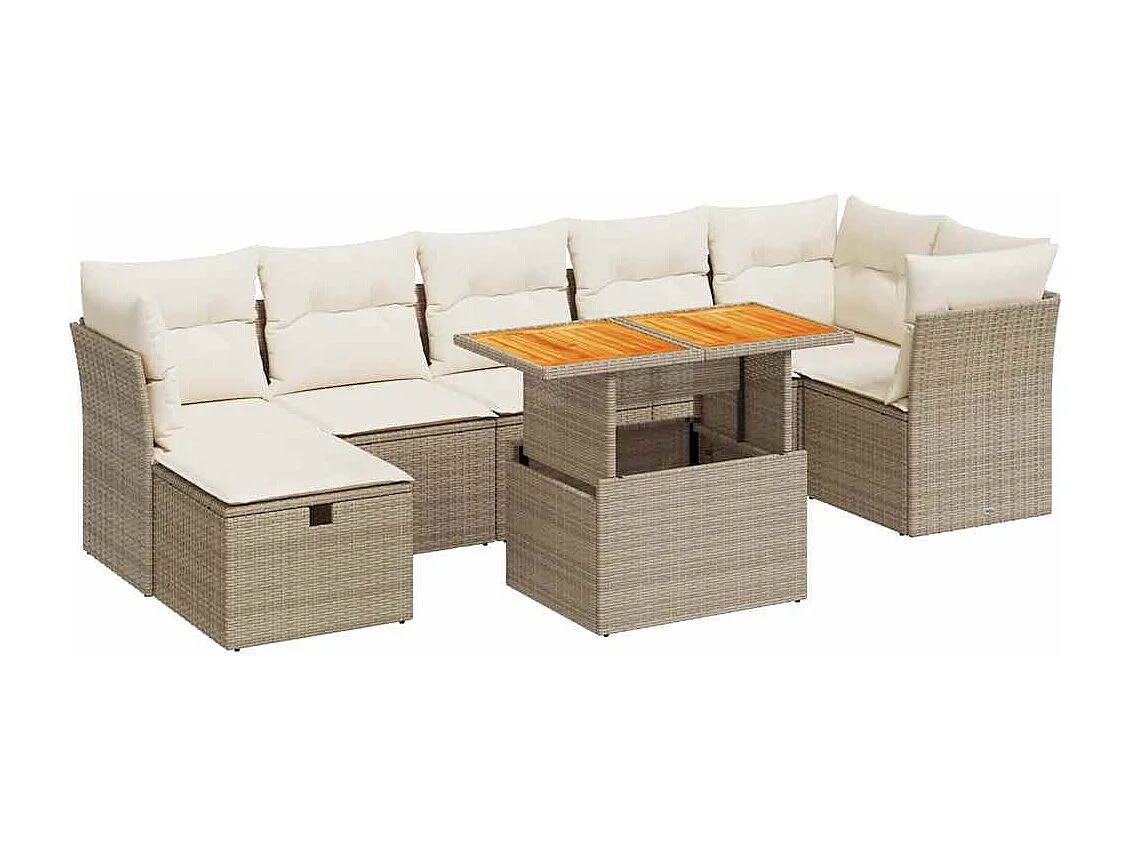 Salon de jardin avec coussins 8 pcs beige résine tressée acacia