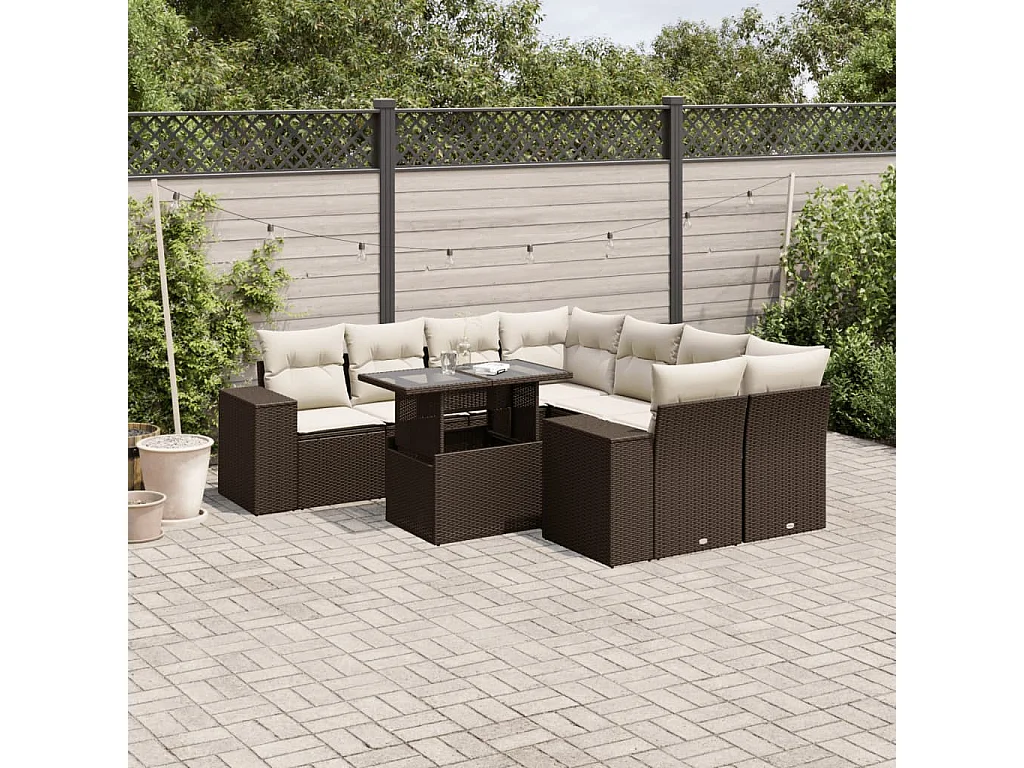 9-delige Loungeset met kussens poly rattan bruin