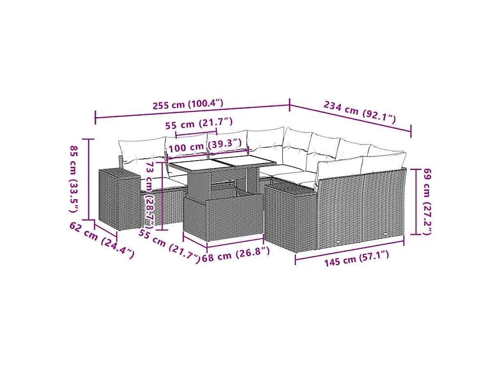 9-delige Loungeset met kussens poly rattan bruin