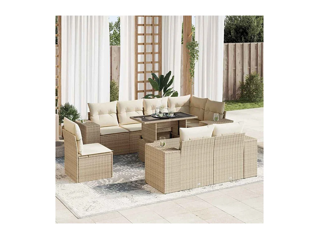 Set Divano da Giardino 9 pz con Cuscini Beige in Polyrattan