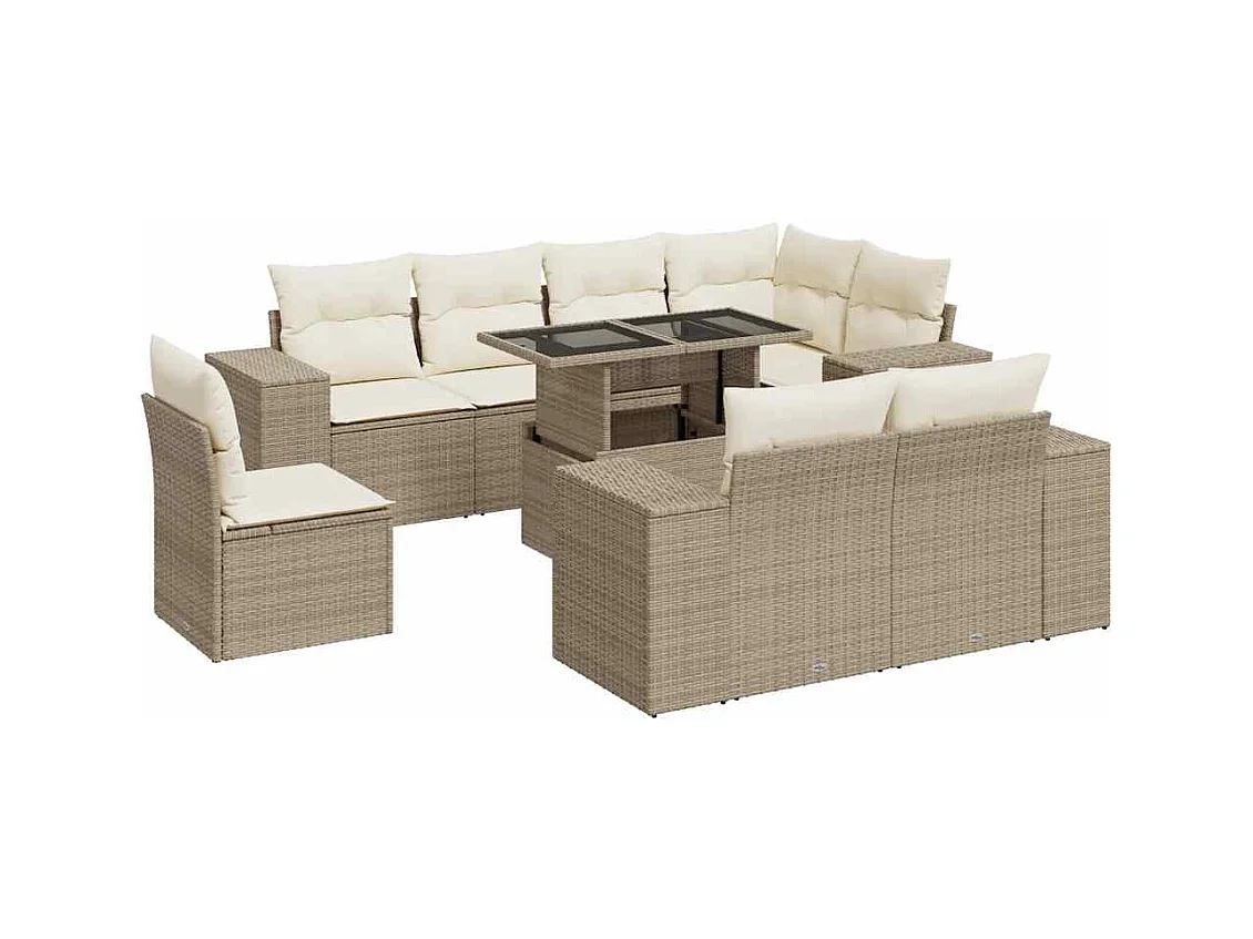 Salon de jardin avec coussins 9 pcs beige résine tressée