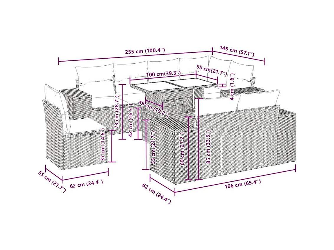 Salon de jardin avec coussins 9 pcs beige résine tressée