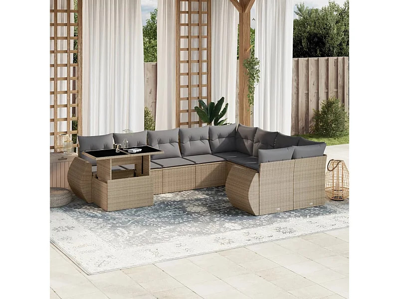 Salon de jardin avec coussins 10 pcs beige résine tressée