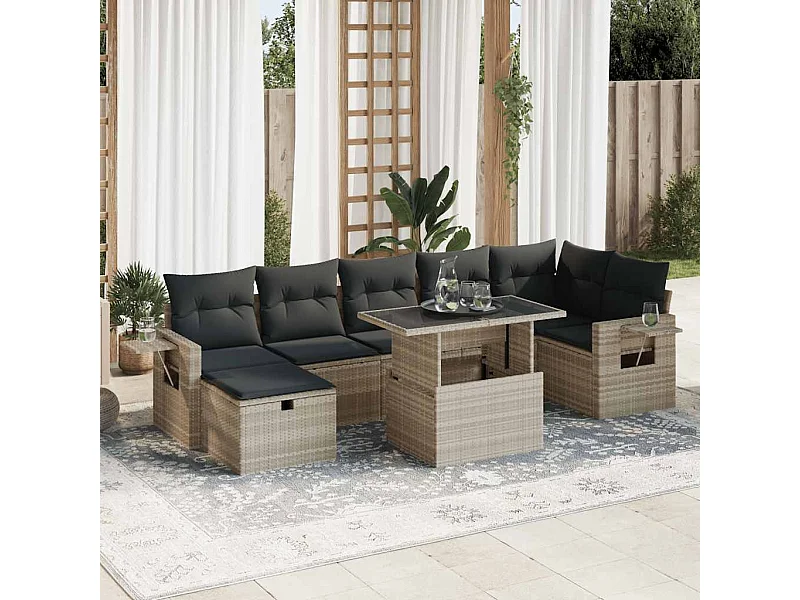 Salon de jardin 8 pcs avec coussins gris clair résine tressée