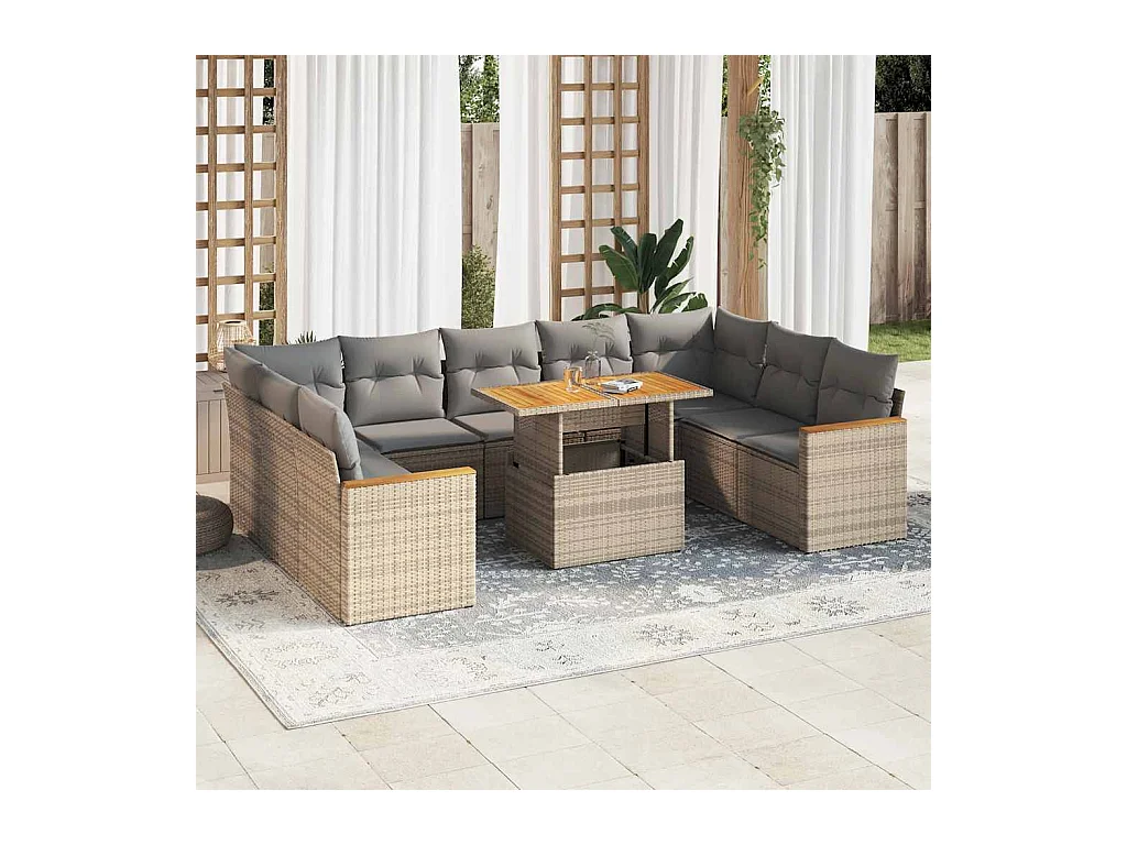 Salon de jardin avec coussins 10pcs beige résine tressée acacia