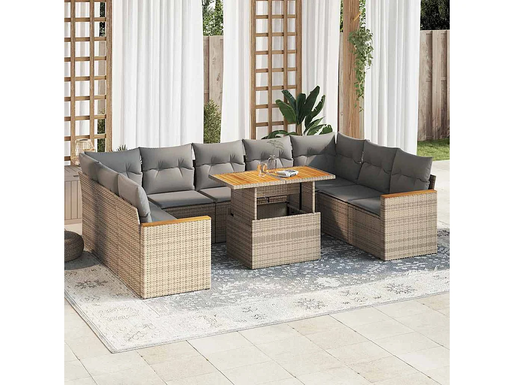 10-tlg. Garten-Sofagarnitur mit Kissen Beige Poly Rattan Akazie