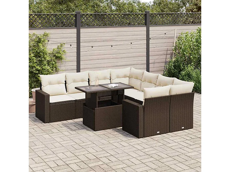 9 pcs conjunto sofás p/ jardim c/ almofadões vime PE castanho