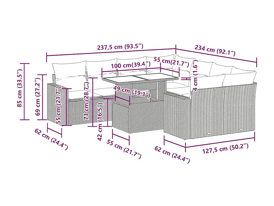 9-tlg. Garten-Sofagarnitur mit Kissen Braun Poly Rattan