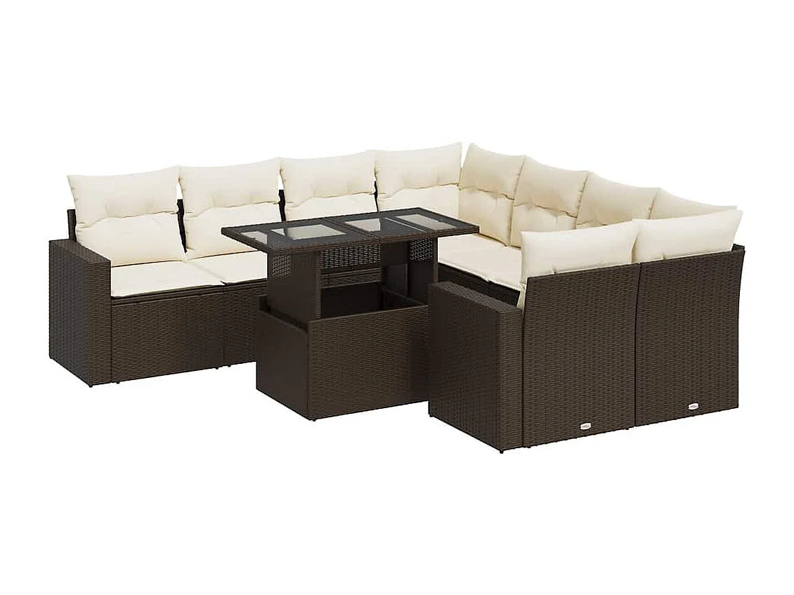 9-delige Loungeset met kussens poly rattan bruin