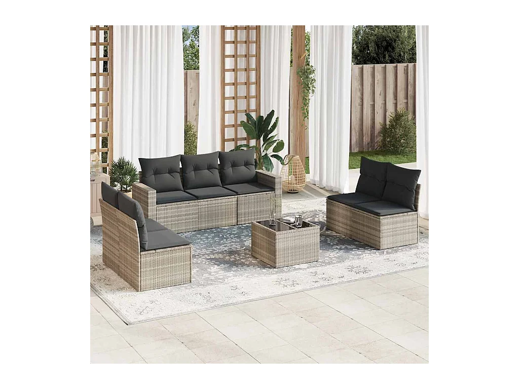 Salon de jardin 8 pcs avec coussins gris clair résine tressée