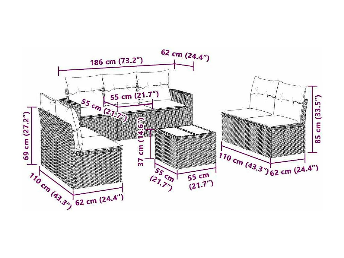 Salon de jardin 8 pcs avec coussins gris clair résine tressée