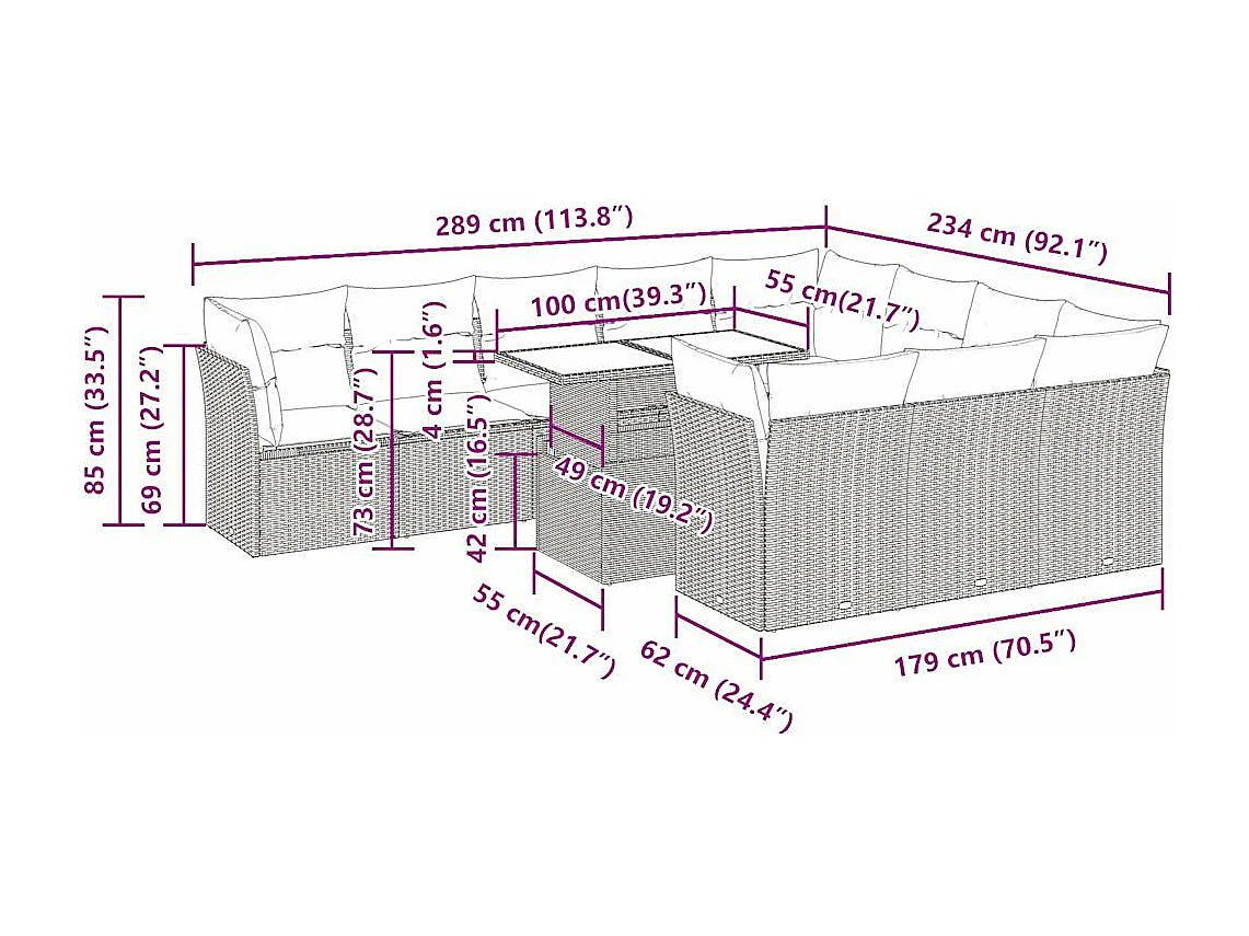 11 pcs conjunto sofás de jardim c/ almofadões vime PE cinzento