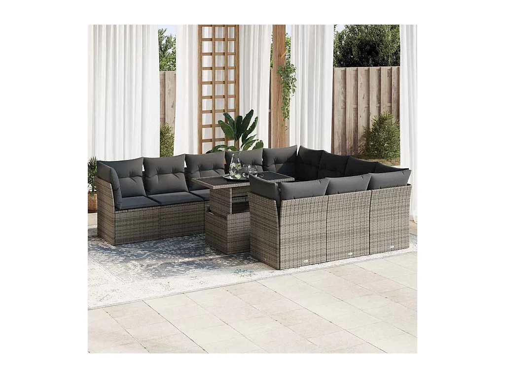 Salon de jardin 11 pcs avec coussins gris résine tressée
