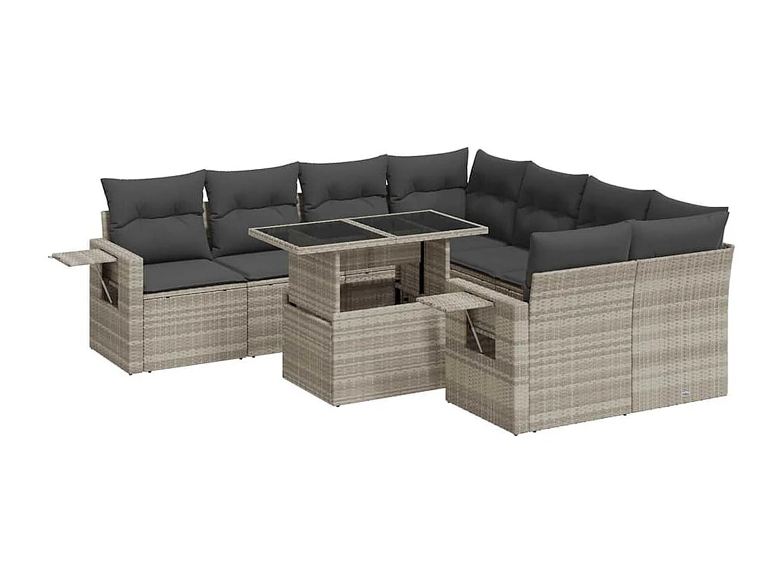Salon de jardin 9 pcs avec coussins gris clair résine tressée