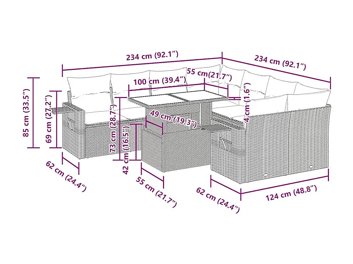 9-tlg. Garten-Sofagarnitur mit Kissen Hellgrau Poly Rattan