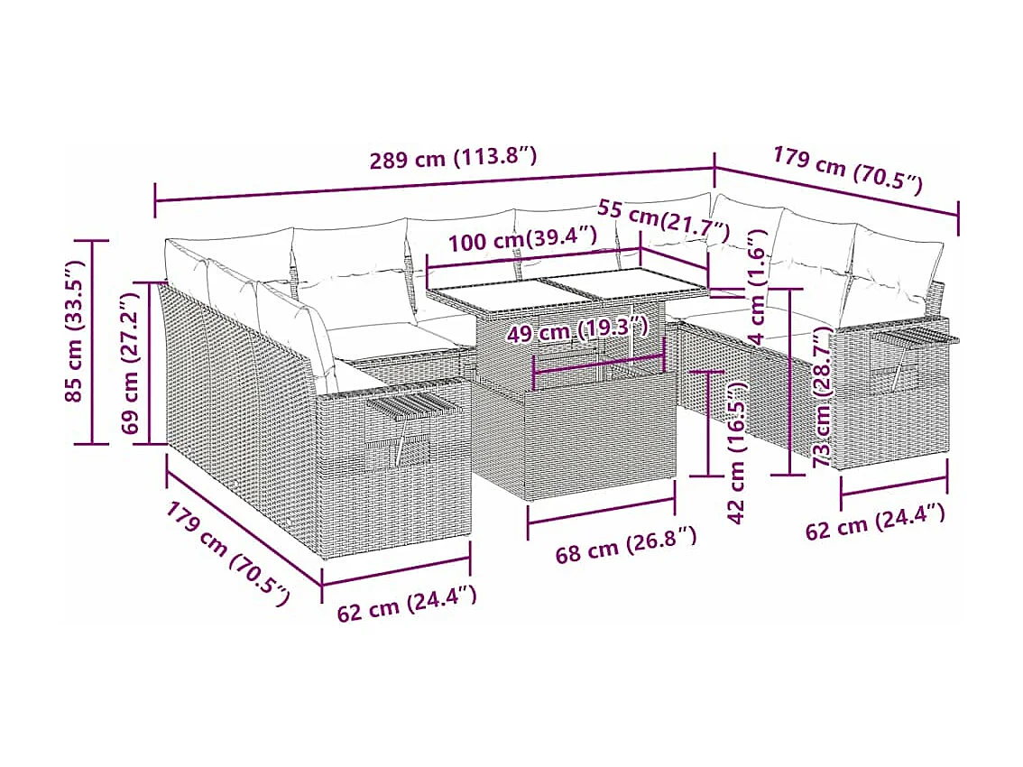 Set Divano da Giardino 10 pz con Cuscini Beige in Polyrattan