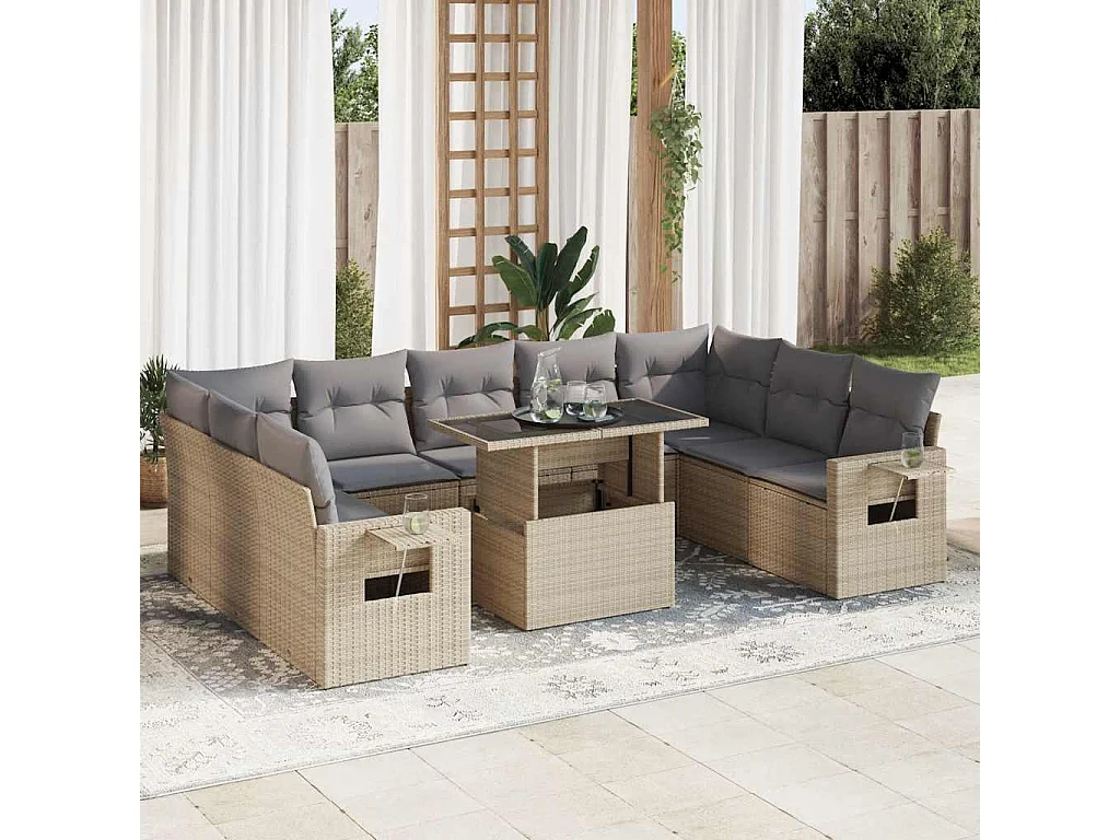 10-tlg. Garten-Sofagarnitur mit Kissen Beige Poly Rattan