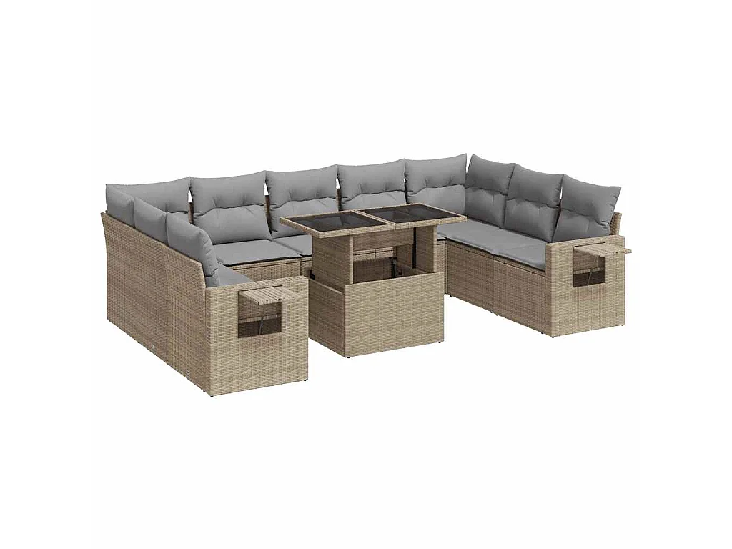 10-delige Loungeset met kussens poly rattan beige
