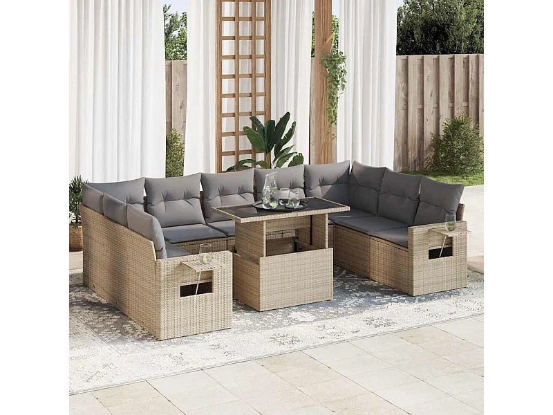 Set Divano da Giardino 10 pz con Cuscini Beige in Polyrattan