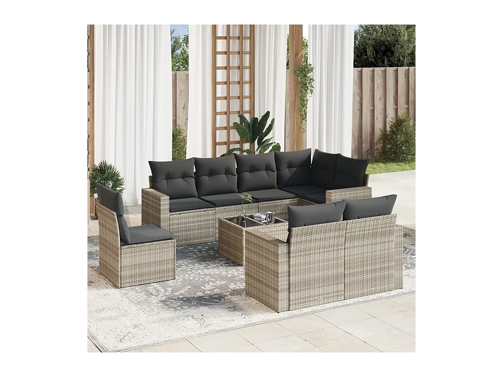 Salon de jardin 9 pcs avec coussins gris clair résine tressée