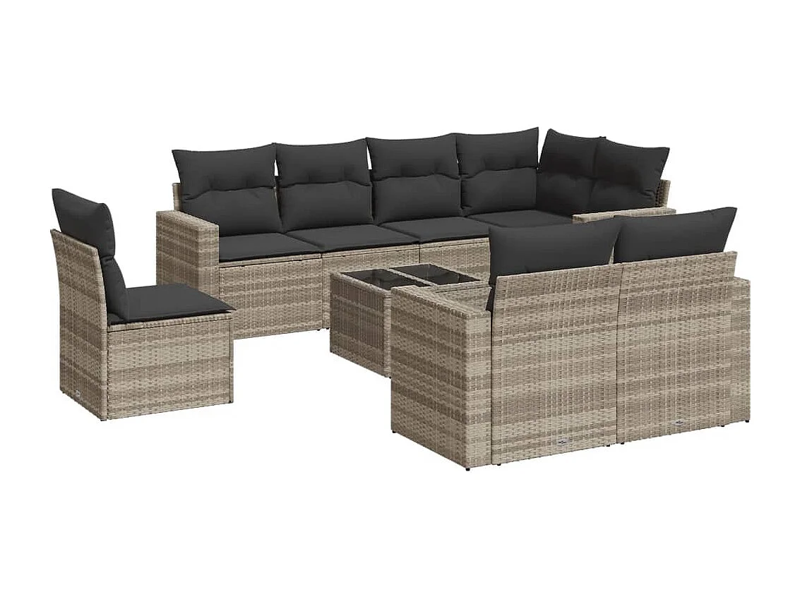 9-tlg. Garten-Sofagarnitur mit Kissen Hellgrau Poly Rattan