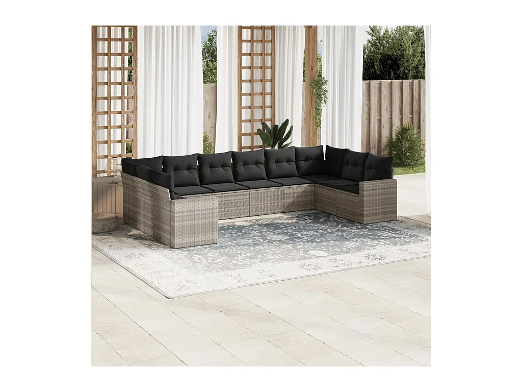 Salon de jardin avec coussins 10 pcs gris clair résine tressée