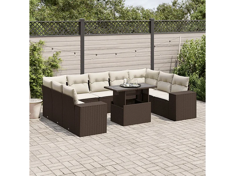 10-tlg. Garten-Sofagarnitur mit Kissen Braun Poly Rattan