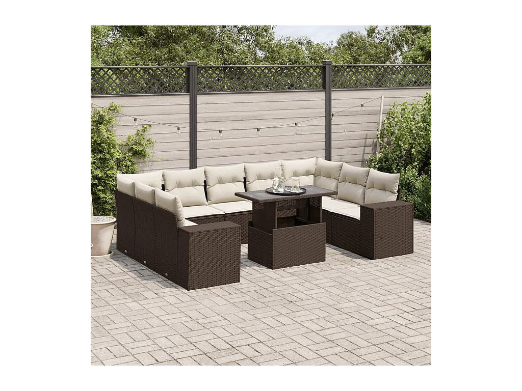 10-delige Loungeset met kussens poly rattan bruin