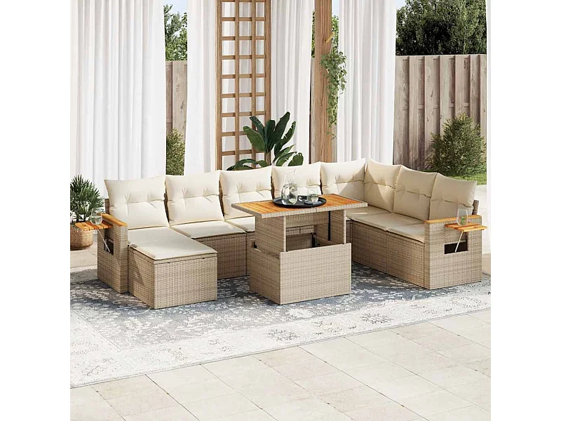 9-tlg. Garten-Sofagarnitur mit Kissen Beige Poly Rattan Akazie
