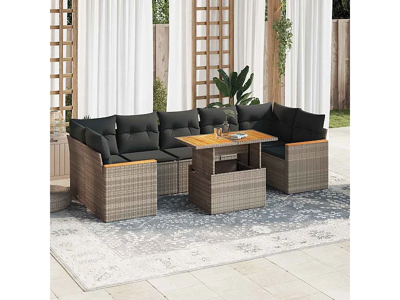 Salon de jardin avec coussins 8 pcs gris résine tressée acacia