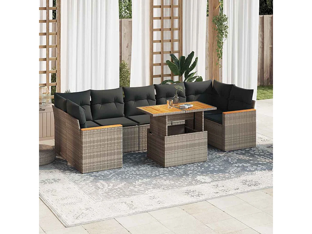 Salon de jardin avec coussins 8 pcs gris résine tressée acacia