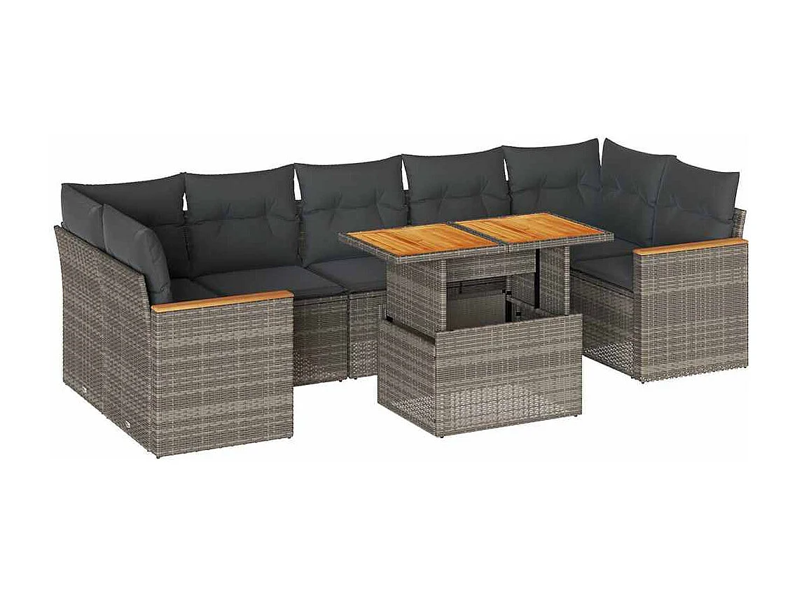 Salon de jardin avec coussins 8 pcs gris résine tressée acacia