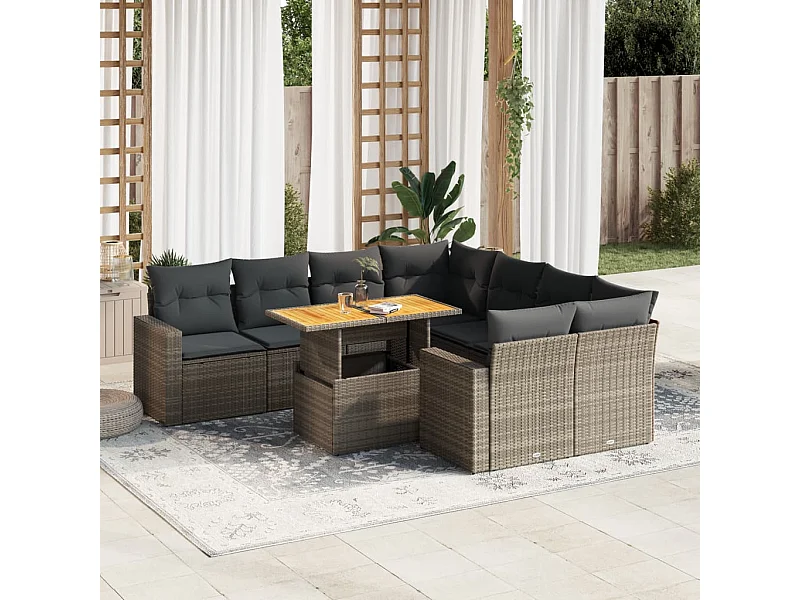 9-tlg. Garten-Sofagarnitur mit Kissen Grau Poly Rattan