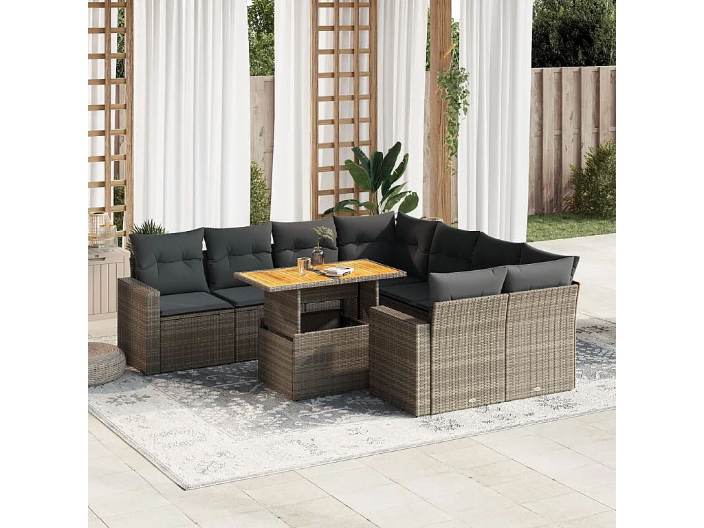 9-tlg. Garten-Sofagarnitur mit Kissen Grau Poly Rattan