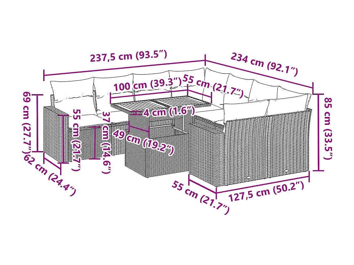 9-tlg. Garten-Sofagarnitur mit Kissen Grau Poly Rattan