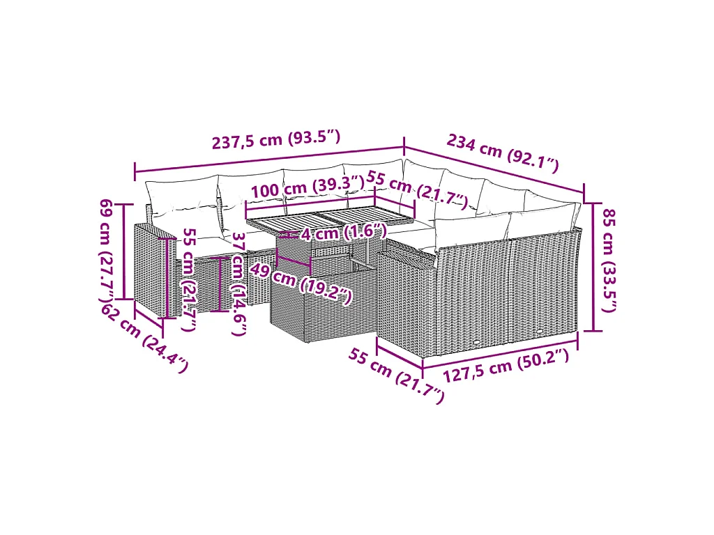 9-tlg. Garten-Sofagarnitur mit Kissen Grau Poly Rattan