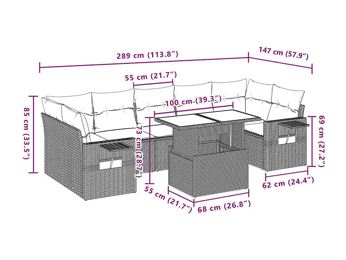 Salon de jardin avec coussins 8 pcs beige résine tressée