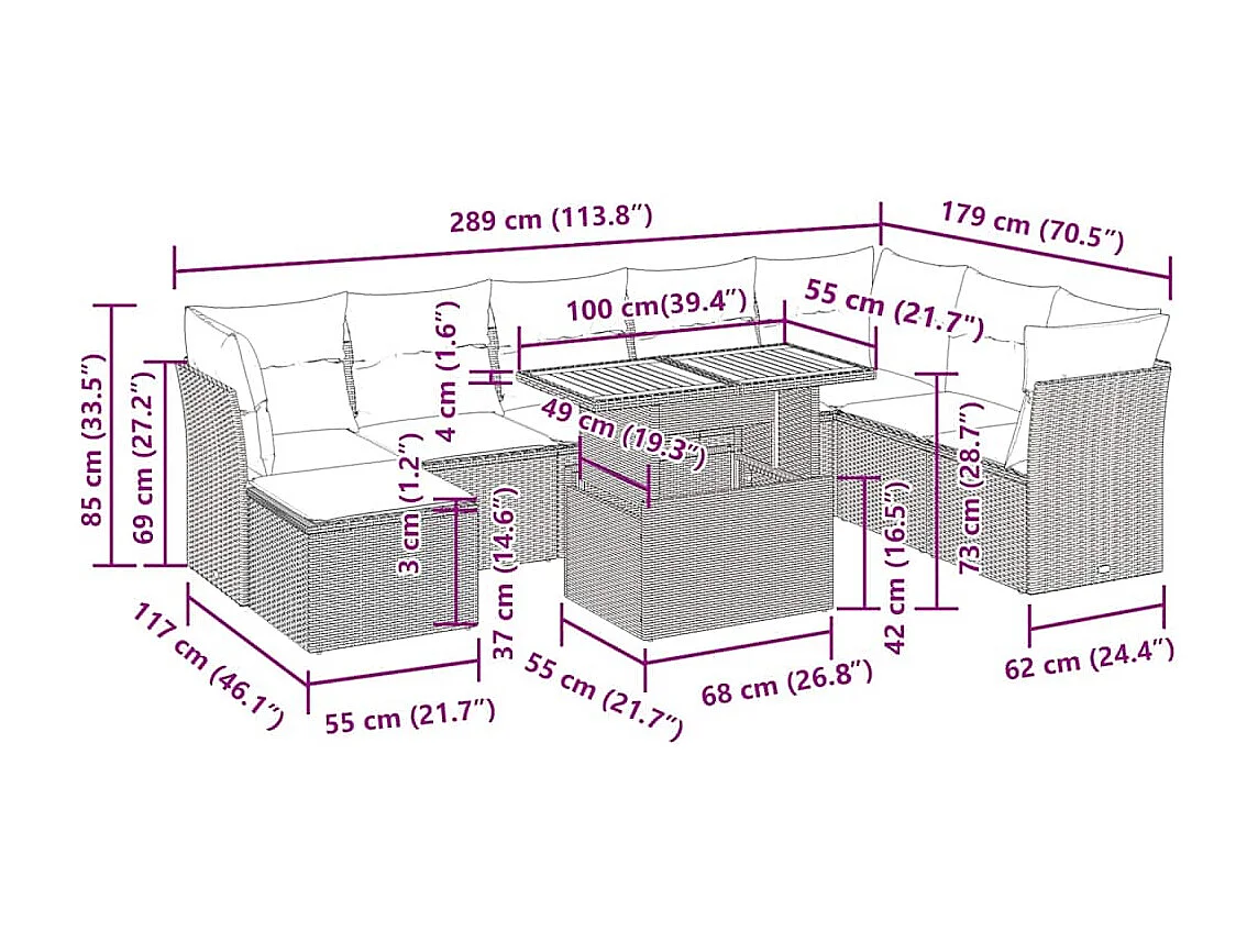 Salon de jardin avec coussins 9 pcs beige résine tressée