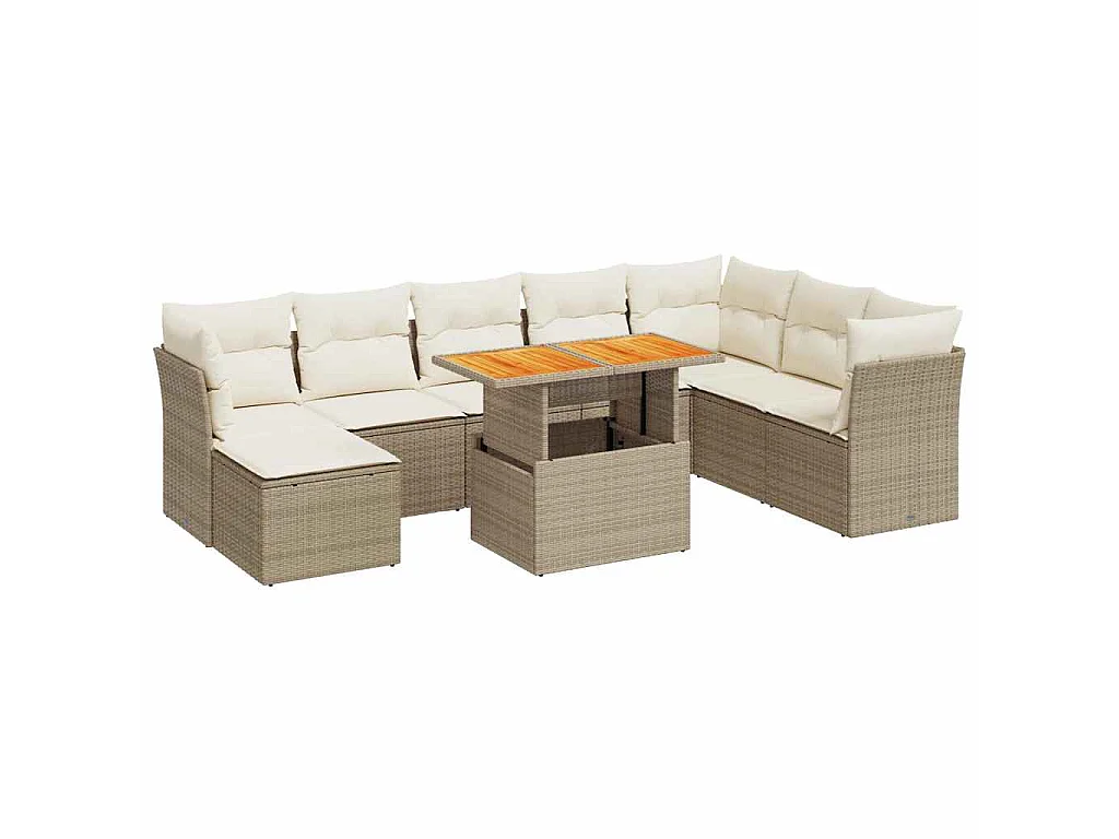 9-tlg. Garten-Sofagarnitur mit Kissen Beige Poly Rattan