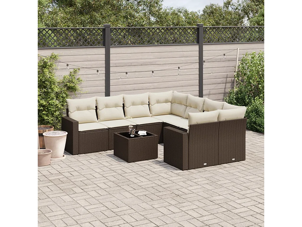 9-delige Loungeset met kussens poly rattan bruin