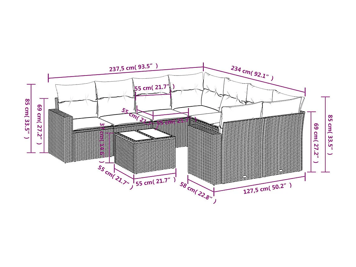 9-delige Loungeset met kussens poly rattan bruin