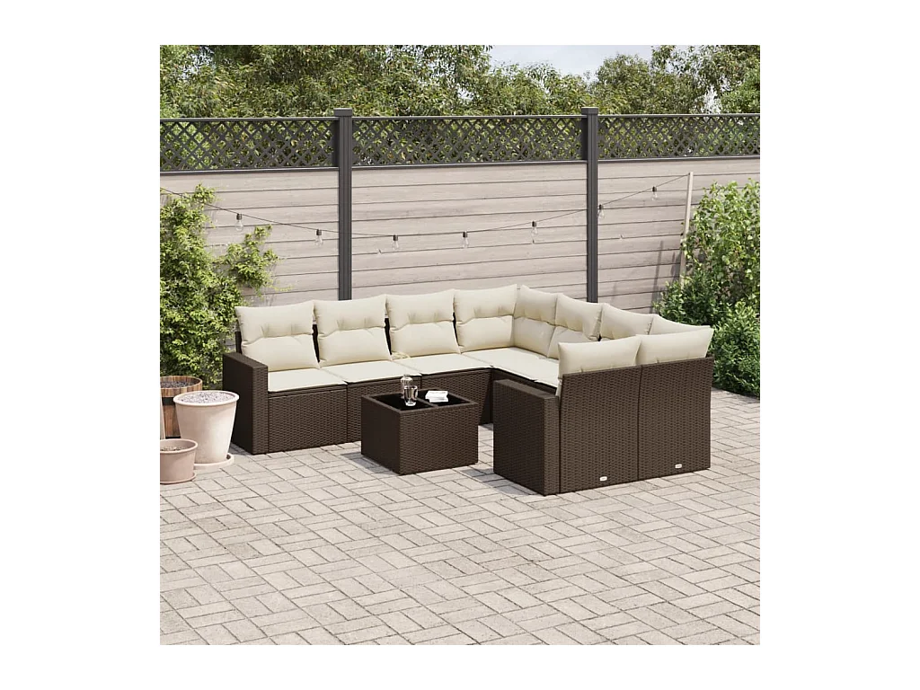 Salon de jardin avec coussins 9 pcs marron résine tressée