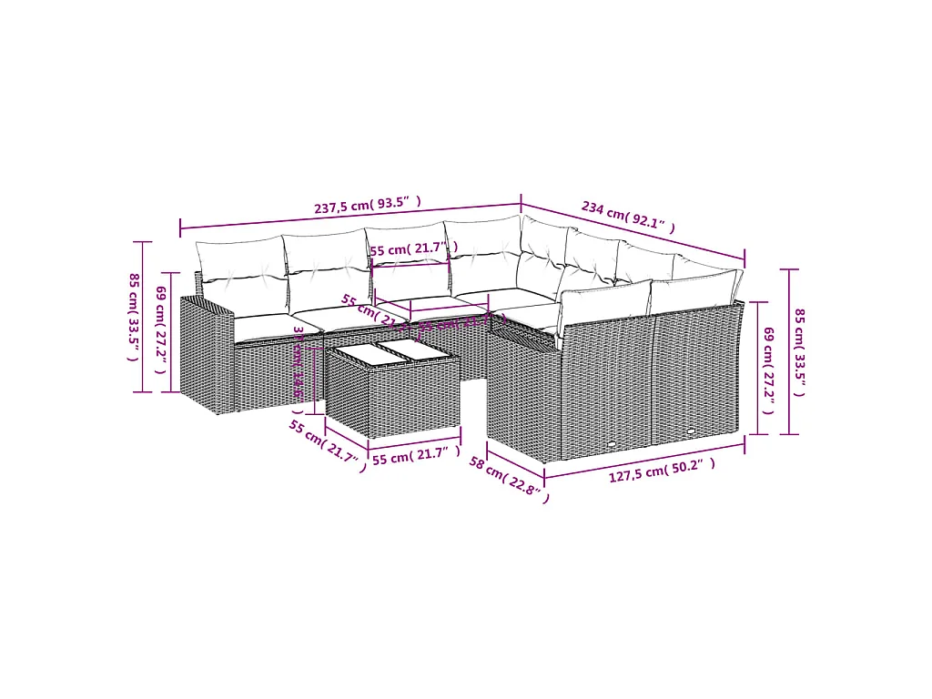 9-delige Loungeset met kussens poly rattan bruin