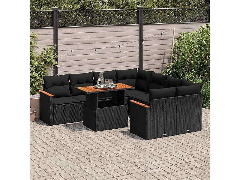 Set Divani da Giardino 9 pz con Cuscini Nero Polyrattan Acacia