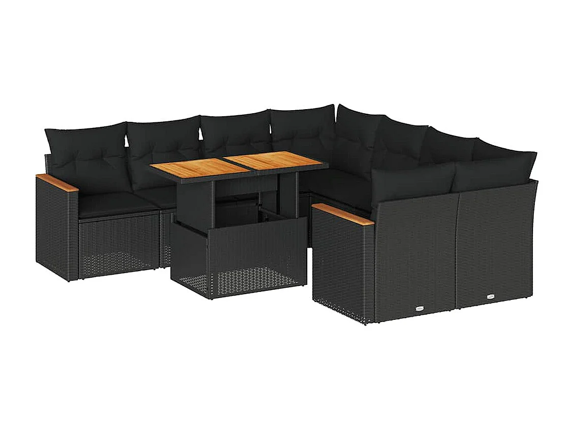 Salon de jardin avec coussins 9 pcs noir résine tressée acacia