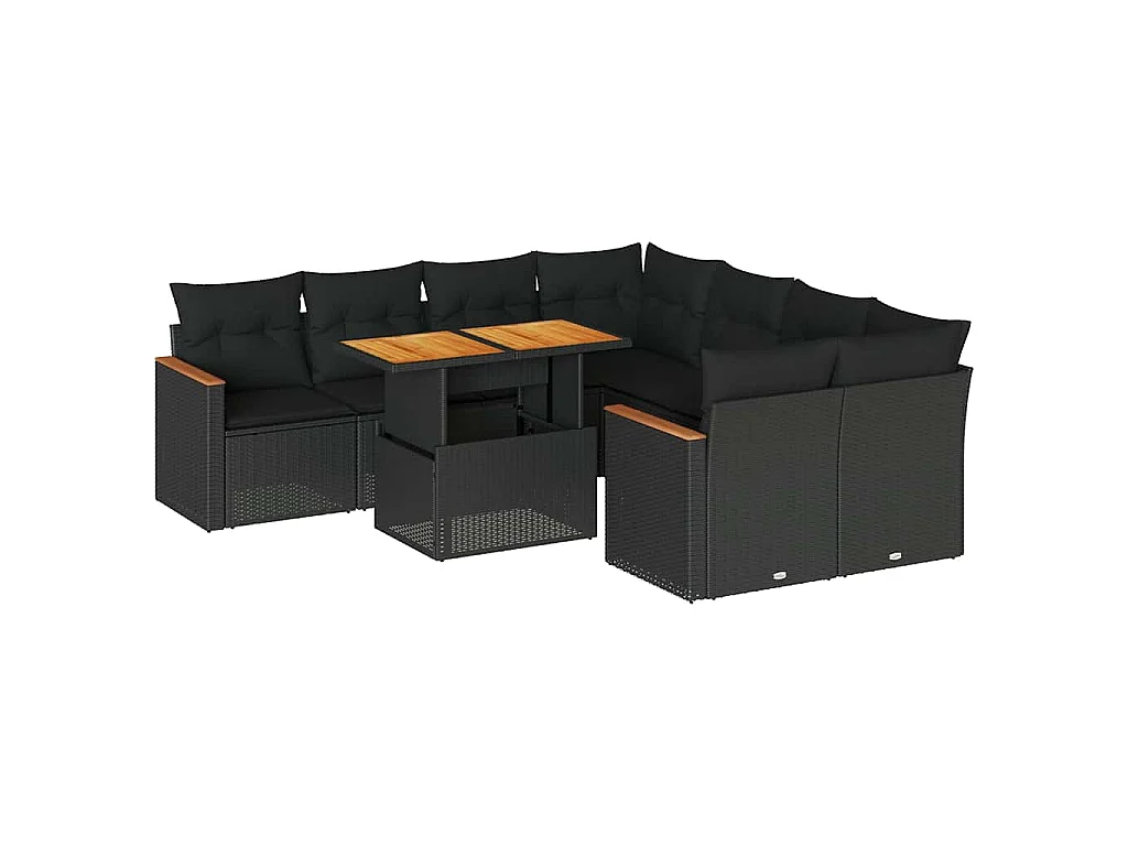 Set Divani da Giardino 9 pz con Cuscini Nero Polyrattan Acacia