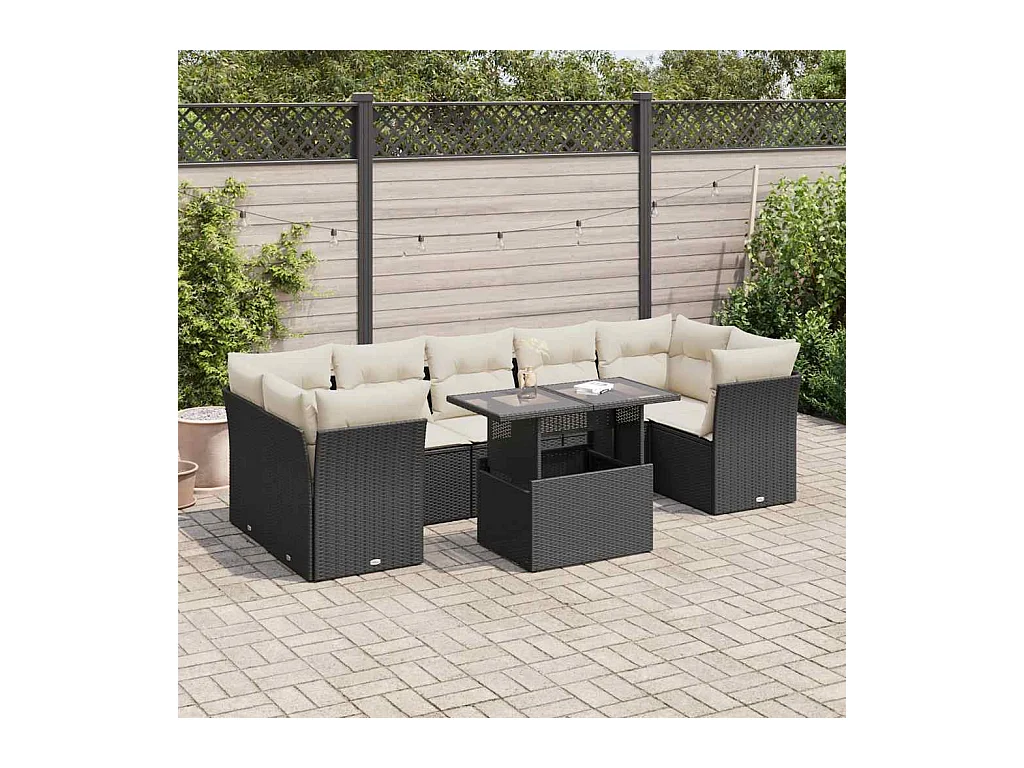 Salon de jardin 8 pcs avec coussins noir résine tressée