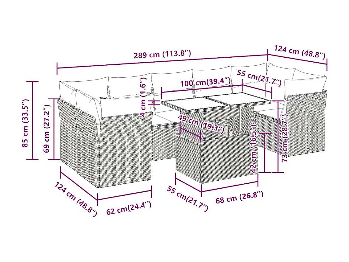 Salon de jardin 8 pcs avec coussins noir résine tressée